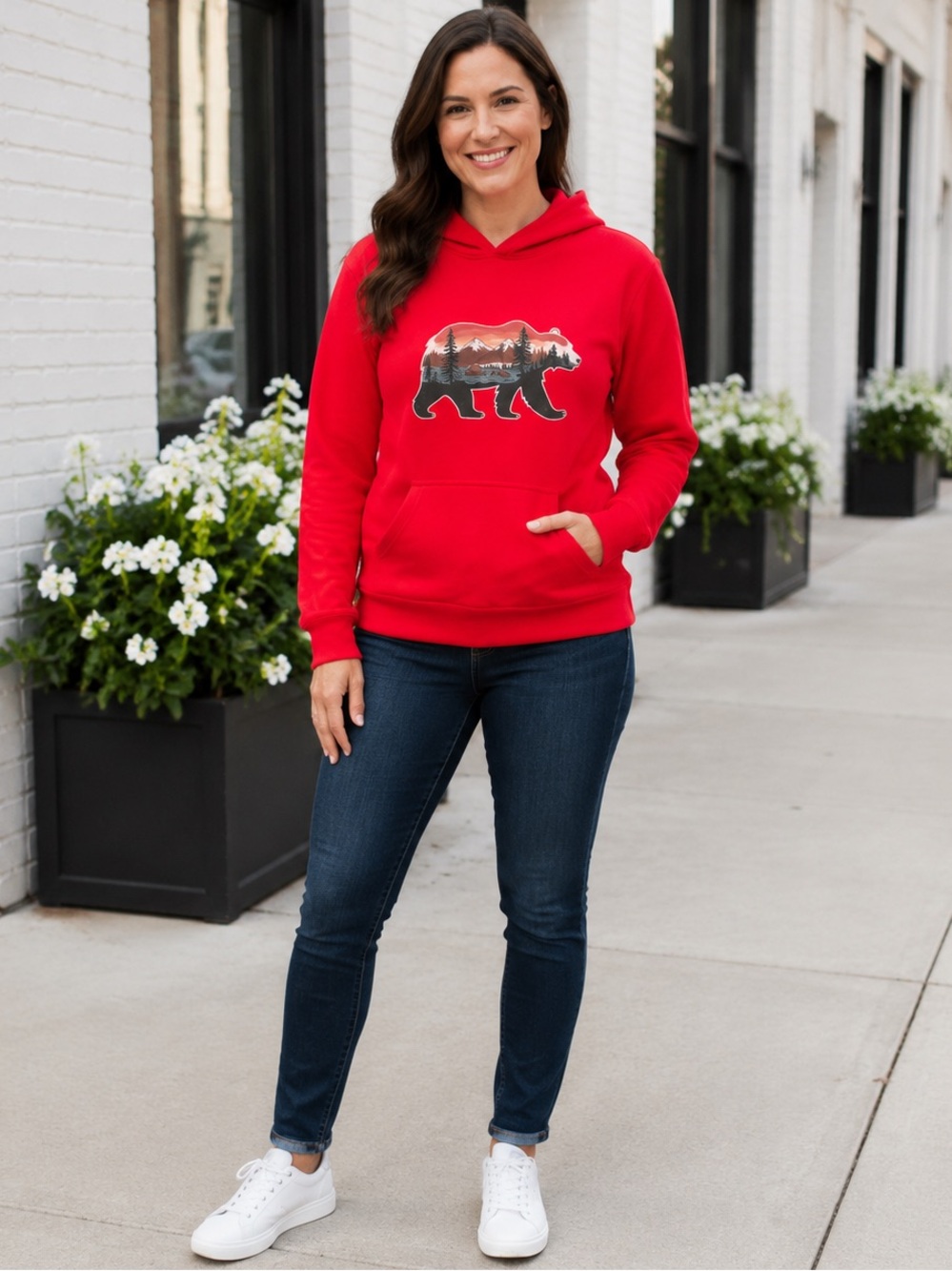 NEW Bear with Lake & Snow Covered Mountains Pine Trees Hoodie Sweatshirt